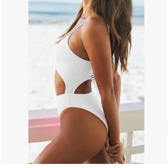 Meyeeka Women’s Scoop Neck Cut Out Front Lace Up Back High Cut Monokini - Picture 3 of 6